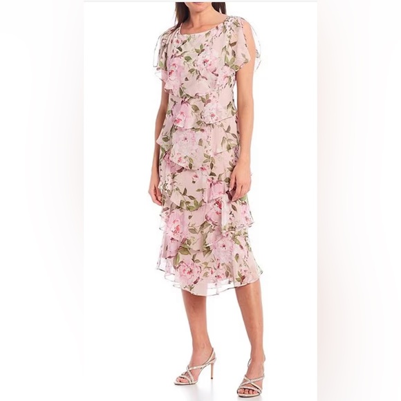 SLNY Flutter Sleeve Floral Tiered Dress in Blt at Nordstrom Rack, Size 14